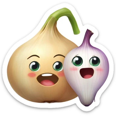  emoji of a cute garlic clove and a smiling onion looking at each other with love. They have big, adorable eyes and rosy cheeks. Small red hearts float around them, and they appear to be blushing, creating a romantic and funny atmosphere. sticker