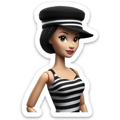 Bouclé Beauty Barbie, 1965 Wednesday Addams from academy, in dark-gray and black striped outfit with hat. Smiling Driving Mercedes convertible sports car  sticker