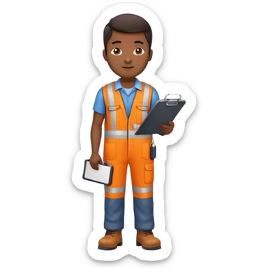 Indian male railway engineer orange overalls, boots holding a clipboard sticker