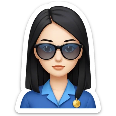 Fair skinned pretty woman with long straight black hair with sun glasses and blue teacher uniform and black colar sticker