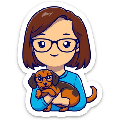 white girl with brown hair and glasses holding a dachshund sticker