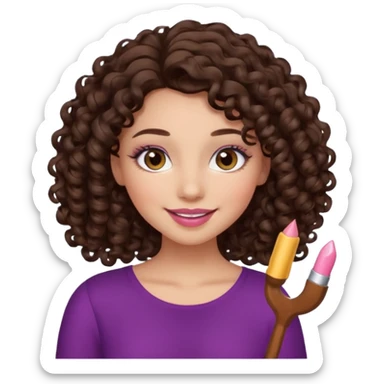 girl with curly long dark brown hair, brown eyes, light to medium complexion, long lashes, almond shaped eyes, light pink lipstick sticker