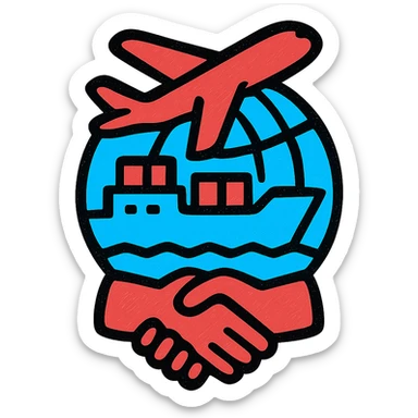 A bright icon of a cargo ship and airplane symbolizing global partnership, using only colors #1E90FF, #F13816, and #FFFFFF sticker