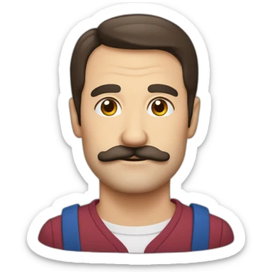 Mid age brunette British guy with crooked moustache sticker