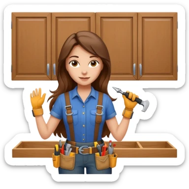 beautiful girl with long brown hair constructing new kitchen cabinets sticker