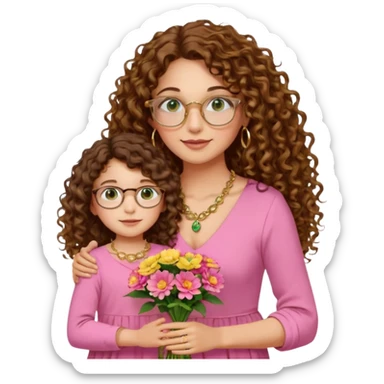 light skinned brunette long curly haired woman with green/hazel eyes framed with large round gold rimmed glasses holding big bright bunch of flowers with one hand and young kindergarten age daughter's hand (also with long brown curly hair) in other. White background. sticker