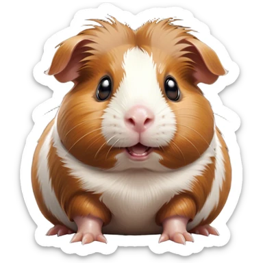 Cinematic Comical Brown and White Banded Guinea Pig Portrait Emoji, Head tilted dramatically with an exaggeratedly amused expression, featuring a striking fur with bold brown and white banding, wide, expressive dark eyes filled with playful disbelief, Simplified yet hilariously expressive features, highly detailed, glowing with a slightly sassy glow, high shine, dramatic yet playful, stylized with an air of cheeky mischief, bright and endearing, soft glowing outline, capturing the essence of a spirited and over-the-top guinea pig, so meme-worthy it feels like it could side-eye its way into internet fame instantly! sticker