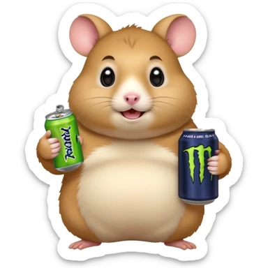 Funny cartoon-style fat hamster with big wide eyes  holding a can of monster energy in one hand and redbull in the other hand sticker