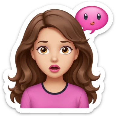 girl with long wavy brown hair, brown eyes, light to medium complexion, in a pink shirt, pink lips, long lashes, surprised, wow speech bubble sticker