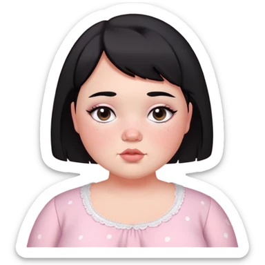 black short haired chubby girl with black eyes and fair skin with freckles in a light pink coquette blouse sticker
