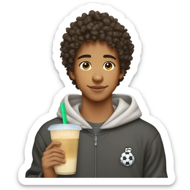15 year old boy. Olive skin, curly hair, soccer player. Wearing a hoodie and fit. Drinking boba tea sticker
