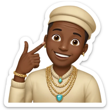 Giggling black man with jewelry covering his mouth with his right hand with one thumb and four fingers only sticker