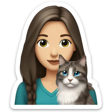 long straight haired blue eyed brunette woman holding norwegian forest cat with amber eyes sticker