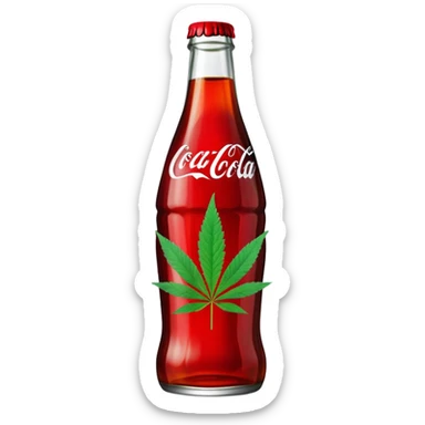 Curved Coca-Cola style glass bottle in red with a green cannabis leaf printed on it and labeled "red pop" sticker