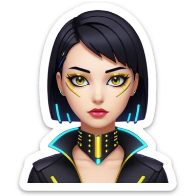 Cyberpunk woman, sleek black bob, gold neck cyberware, sharp eyeliner, neon lighting sticker