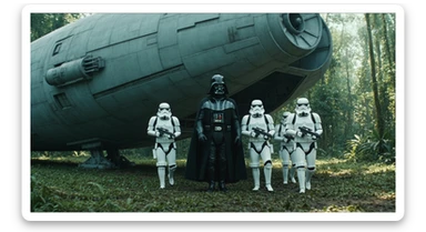 cinematic still, Medium shot, amazon jungle, Darth Vader around stormtroopers coming out from starship on ground, they are exploring the jungle, inspired by StarWars movie, captured by arri alexa sticker