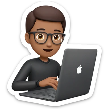 A dark-colored laptop with the screen open. From the screen, a person is emerging, giving a lecture or teaching. The person should look expressive and in a teaching pose. Soft shadows, semi-3D emoji style, clean background. sticker
