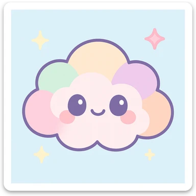 chibi-style kawaii cloud character, smiling face, pastel colors, giggling, mischievous eyes, soft glow, floating in a blue sky with sparkles and stars, cartoon-style, clean background, digital art, 4k resolution sticker