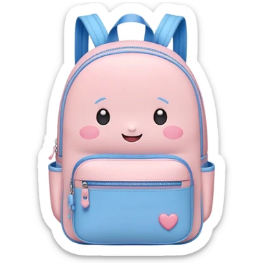 Cute Kawaii Backpack, round and chubby, soft pastel pink and blue, tiny heart-shaped zippers, blushing cheeks, a tiny smiling face, a happy school-time companion! sticker