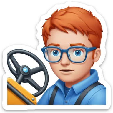 a light red headed person, pale with blue eyes and glasses driving a snowplow sticker