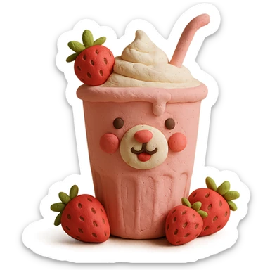 3D claymation style strawberry milkshake cup with a straw, bear character peeking out, two strawberries with green leaves, pastel palette, soft shadows, minimal design, no background sticker