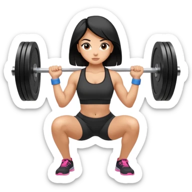 Fitness girl doing the squat with bar and weight, black hair sticker