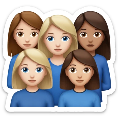 a group of 3 people where two are in the back one in the front -
1. Girl has white skin, brown hair, brown eyes
2. Girl has white skin, dirty blonde hair, blue eyes
3. Girl has tan skin, dark brown hair, dark brown eyes sticker