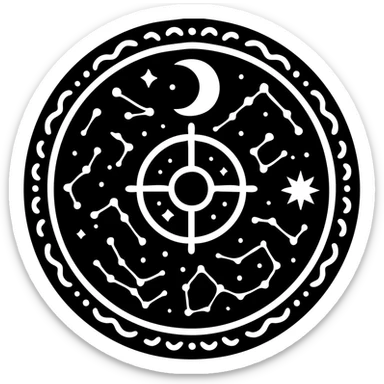 vintage astrology natal chart icon with intricate celestial symbols, mystical, ornate, zodiac constellations, solid black sticker