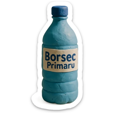 claymation style bottle of water with a label that says 'BorsecPrimaru' sticker