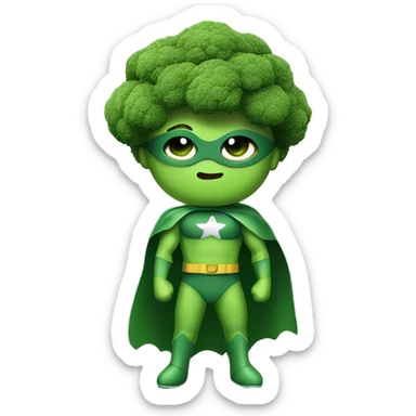 kawaii cute funny mini superhero with green clothes and a broccolis as hair,  full body saying hello sticker
