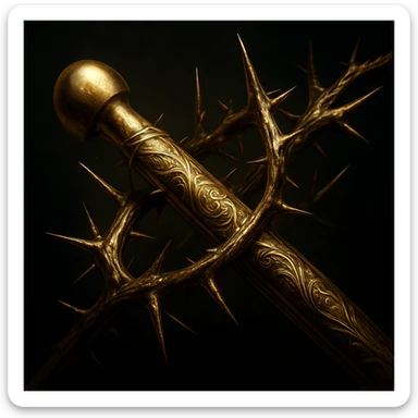 A golden-wrapped arrow with a rounded blunt tip, surrounded by sharp thorns and spikes. The arrow shaft is sleek, featuring intricate gold filigree patterns. Luxurious metallic sheen, dark background, cinematic lighting, hyper-detailed, fantasy style. sticker
