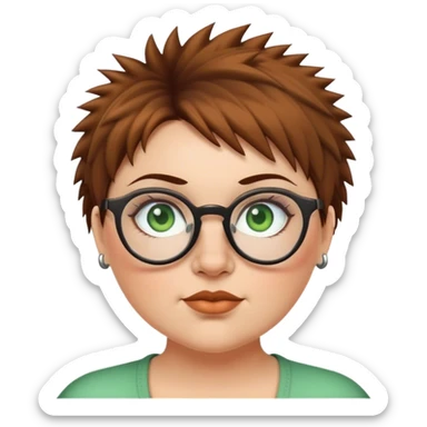  plus size white women round nose with short  brown shaggy spiked hair wearing glasses green eyes sticker