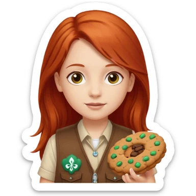 white girl scout with red long hair selling cookies with a brown Girl Scout vest and white shirt under vest. She should be around 10 years old sticker