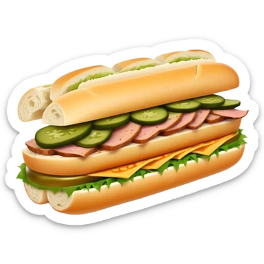 Cinematic Realistic B√°nh m√¨ Sandwich Dish Emoji, showcasing a crusty baguette filled with savory meats, pickles, and fresh herbs rendered with dynamic detail and appetizing lighting. sticker