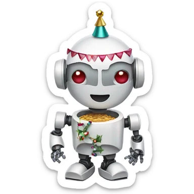 a robot holding a festive emoji sticker