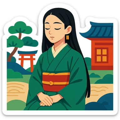 Tsuguko from Demon Slayer, calm pose, traditional Japanese background, serene expression sticker