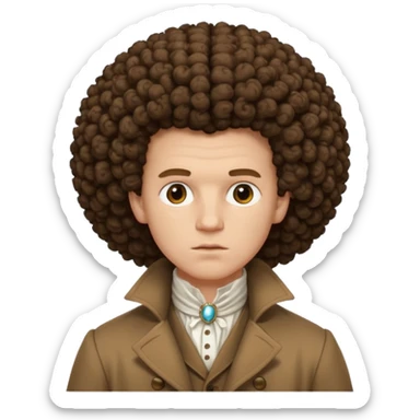 pale man, 1700s, white shirt brown coat, big afro curly hair, not too animated, no jewelry sticker