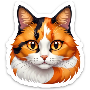 Cinematic Noble Calico Cat Portrait Emoji, Poised and regal, with a striking patchwork fur in vibrant orange, black, and white hues, delicate whiskers and a refined, focused gaze, simplified yet exquisitely detailed, glowing with a soft, moonlit radiance and an air of aristocratic elegance, high shine, exuding dignified intelligence and poised authority, soft glowing outline, capturing the essence of a watchful and noble calico cat that appears ready to grace the screen with effortless majesty! sticker