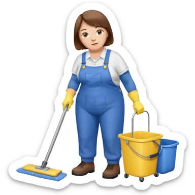 old and fat women, brown hair, Custodian with yellow rubber gloves, white T-shirt, blue overalls, mopping floor sticker