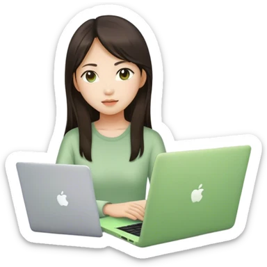 Long brunette Asian girl with light green laptop  sticker