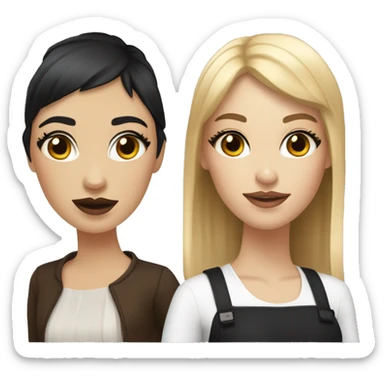 Two white girlfriends. One with brown hair in square, the other with black hair, bangs and a square. In fashionable clothes and beautiful modern makeup sticker