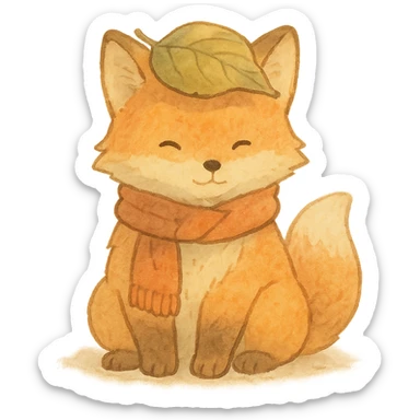fox wearing a leaf hat and scarf, cute autumn soft style, soft pastel colors, ghibli style sticker