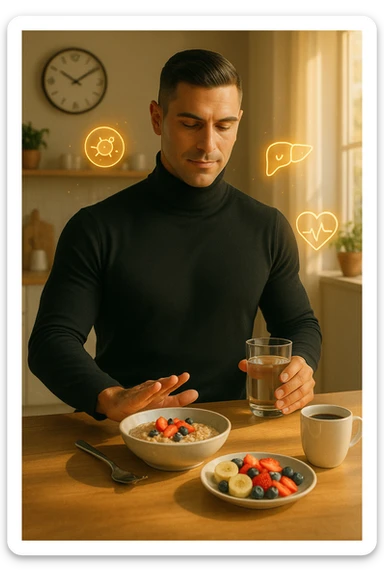 A realistic, cinematic illustration of a man in his early 30s with a fit, healthy appearance, standing in a bright kitchen in the morning. The kitchen table has a prepared but untouched healthy breakfast (oatmeal, fruit, coffee) on it, while the man, with a calm and focused expression, gently pushes the plate away with one hand while holding a glass of water in the other. A wall clock in the background shows 8:00 AM, indicating the morning fasting window, while sunlight streams in, illuminating the scene. Subtle glowing icons of a regenerating cell, a clean liver, and a heart float softly around him, symbolizing the health benefits of intermittent fasting. The atmosphere is clean, minimal, and motivating, showing that the man chooses intermittent fasting consciously for health, clarity, and energy rather than weight loss alone. The color palette is warm, with natural light and a slight film grain for depth sticker