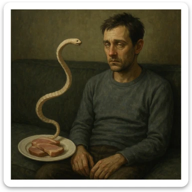 narrative scene: man sitting on sofa, empty gaze, next to him plate with pork meat and small stylized tapeworm moving towards head, psychological discomfort atmosphere, 4K quality sticker