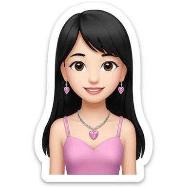 Cabelos pretos longos lisos ,com franja curvada .olhos pretos puxadinho para cima. Cílios longos curvados. Pele clara ,nariz pequeno ,lábios carnudos ,adolescente 16 anos ,vestido rosa de alça, colar de coração prata ,brinco de diamante sticker