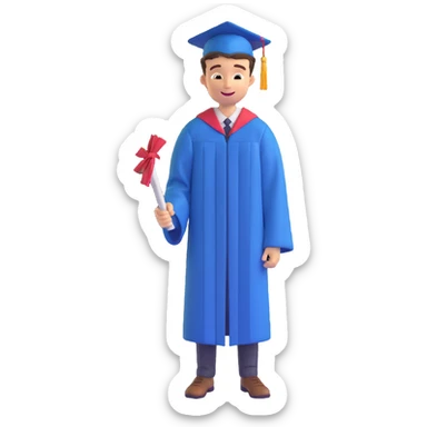 memoji-style illustration of a happy 16-year-old young man celebrating graduation, wearing a cap and gown, smiling sticker