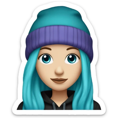 White girl, blue eyes, long teal hair, purple beanie hat, black hoodie, blue jeans, black shoes sticker