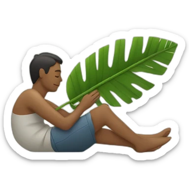 person laying and someone fanning him with palm leaf sticker