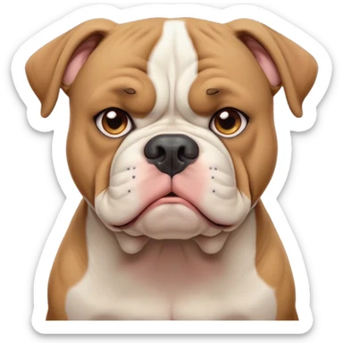 Cinematic Meme-Worthy Grumpy Solid Tan American Bulldog Portrait Emoji, Head held high but eyes filled with dramatic disappointment, smooth tan fur with a furrowed brow forming an unmistakable scowl, floppy ears slightly angled back in disapproval, piercing brown eyes glaring with pure exasperation, Simplified yet hilariously over-exaggerated features, highly detailed, glowing with an aura of supreme annoyance, high shine, exhausted yet judgmental, stylized with an almost regal pettiness, bright but brooding, soft glowing outline, capturing the essence of a pup that has seen it all and is thoroughly unimpressed, so meme-worthy it feels like it could instantly become the next viral sensation of grumpiness! sticker