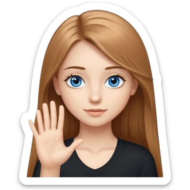 A girly girl with long eyelashes, very long light brown hair, blue eyes, with her palm up. with black undershirt sticker